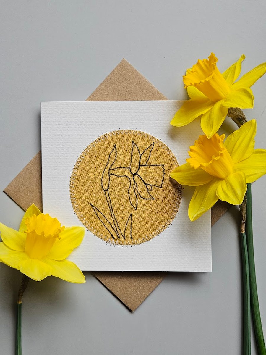 Handmade Embroidered Spring Daffodil card, Mother's Day card, Easter card