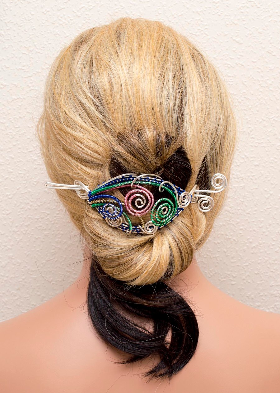 Color wired hair bun slide Silver Hair bun holder, Fancy Silver Wire Bun Holder,