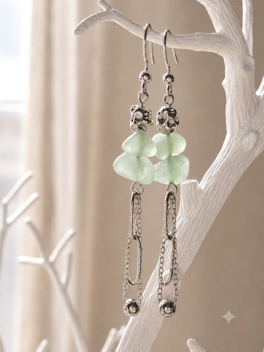 Green aventurine chain boho long earrings 