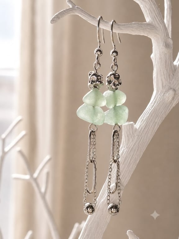 Green aventurine chain boho long earrings 