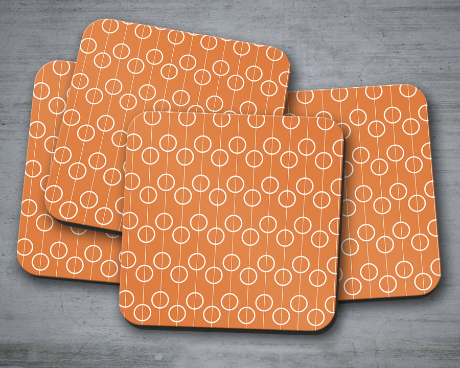Set of 4 Orange Coasters with a White Circle Retro Design, Drinks Mat