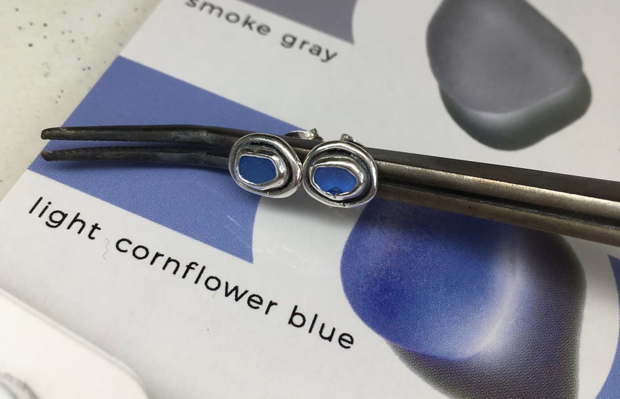 Welsh Handmade Light Cornflower Blue Sea-Glass and Silver stud earrings