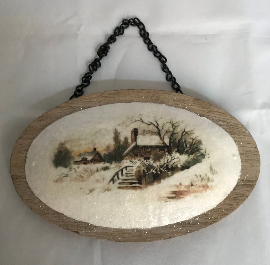 Vintage Snow Scene Medallion Hanging Decorations Wood & Metal House