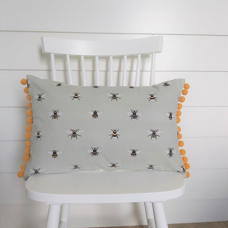 Sophie Allport Bees  Cushion Cover with Mustard  Pom Poms