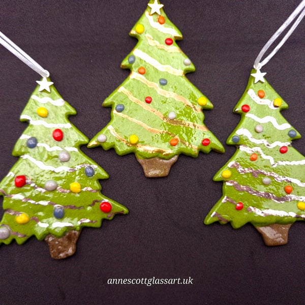 Three Handmade 3D Fused Glass Cookie Style Christmas Trees