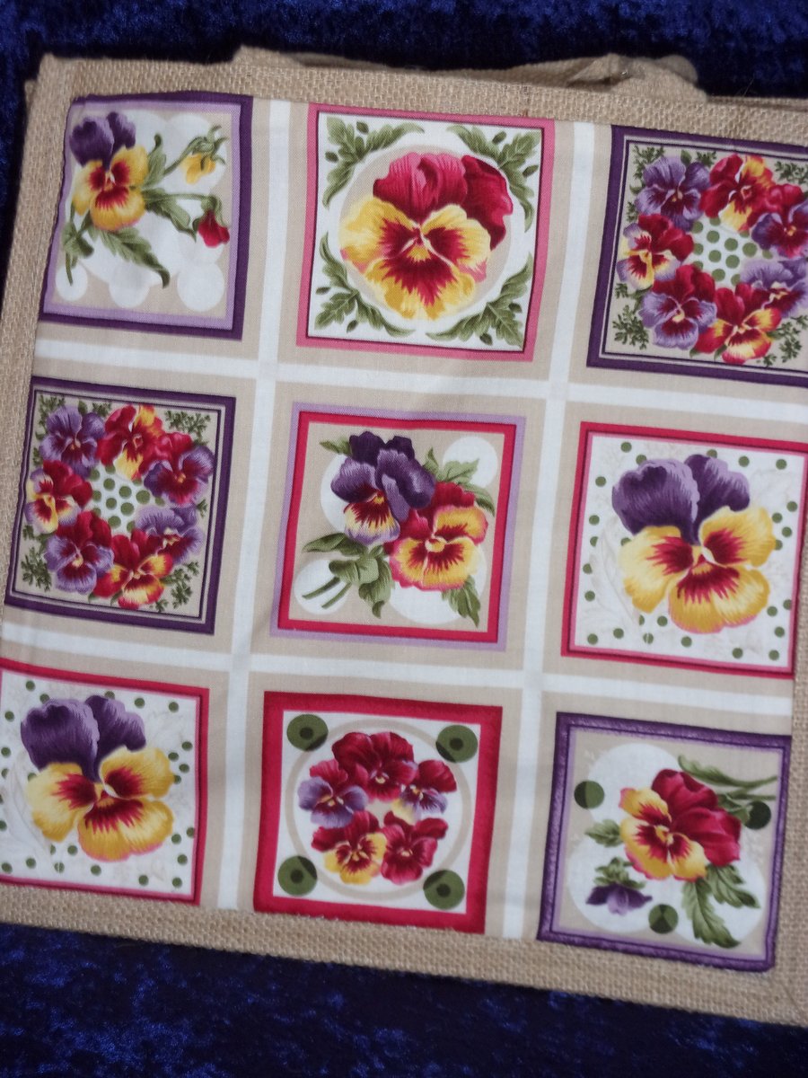 Jute Bag with Pansy Design Pocket