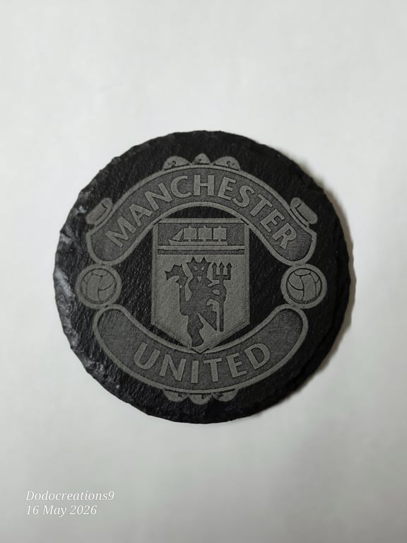 Man Utd logo on a slate coaster 