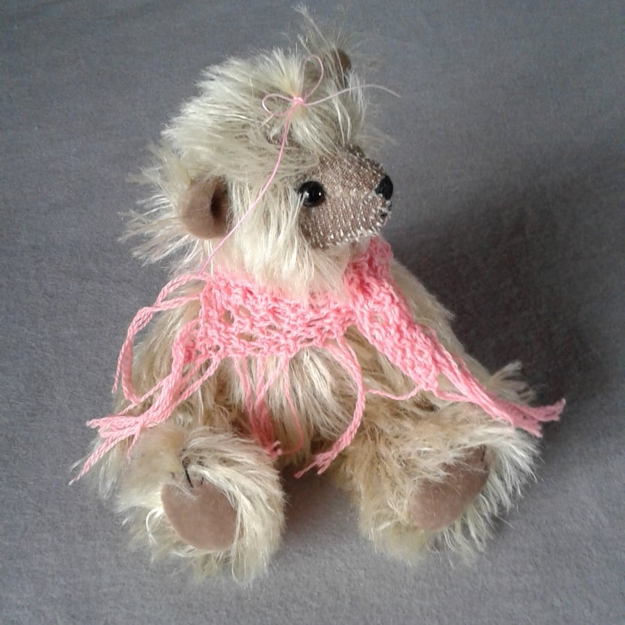 Teasel, 8" mohair, collectable teddy bear with a knitted lace scarf.