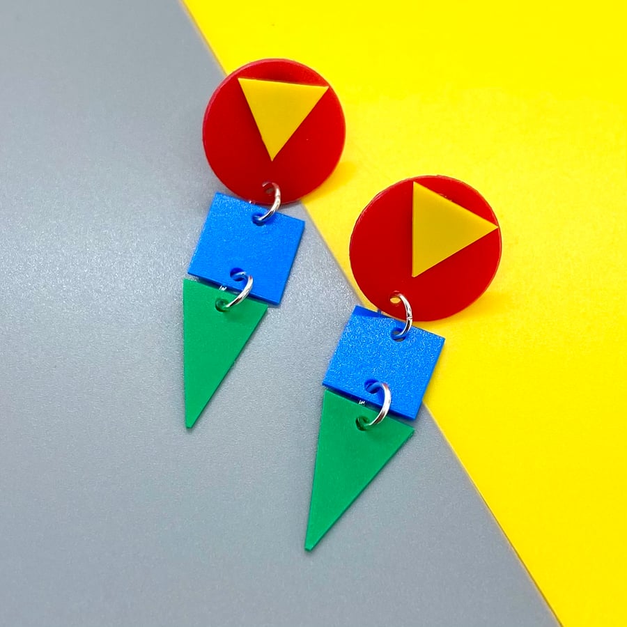 80’s vibe multicoloured multi shape drop stud earrings
