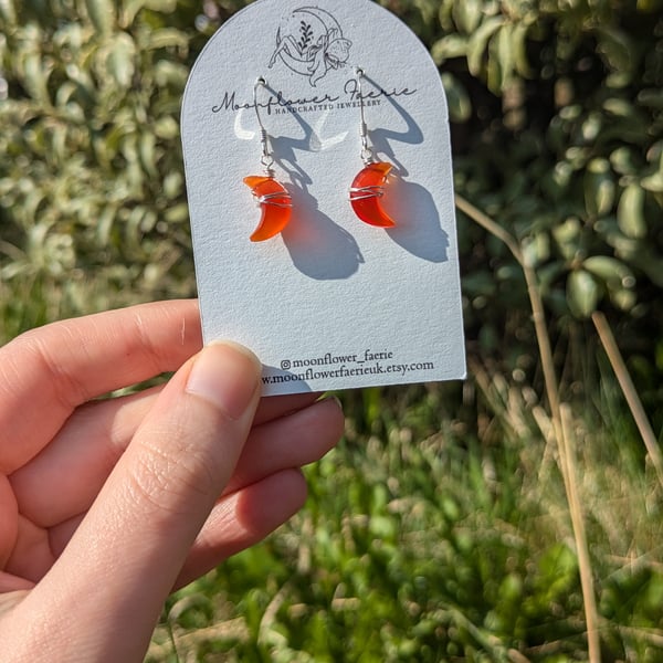 Carnelian Celestial Mini Moon Earrings, Wire Wrapped Gemstone Silver Jewellery 