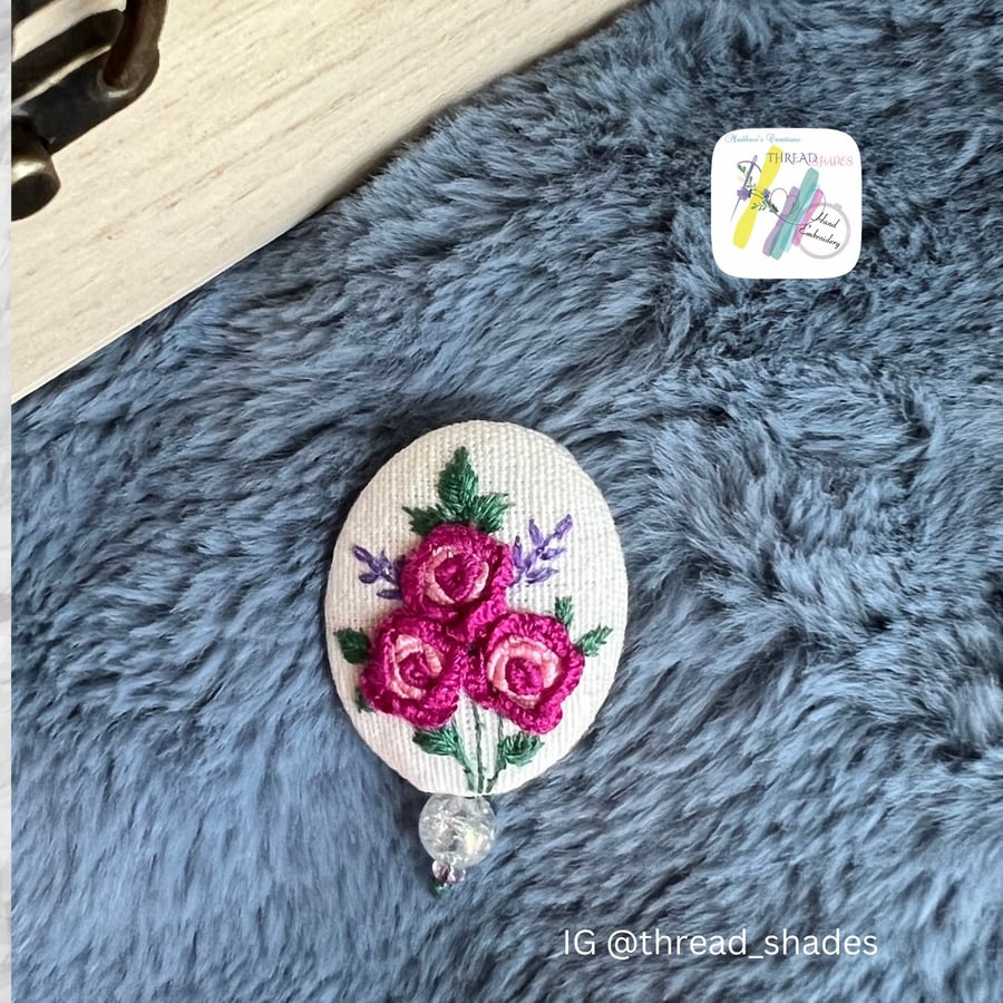Handmade brooch, hand embroidered, rose embroidery, pin brooch, oval shape, gift
