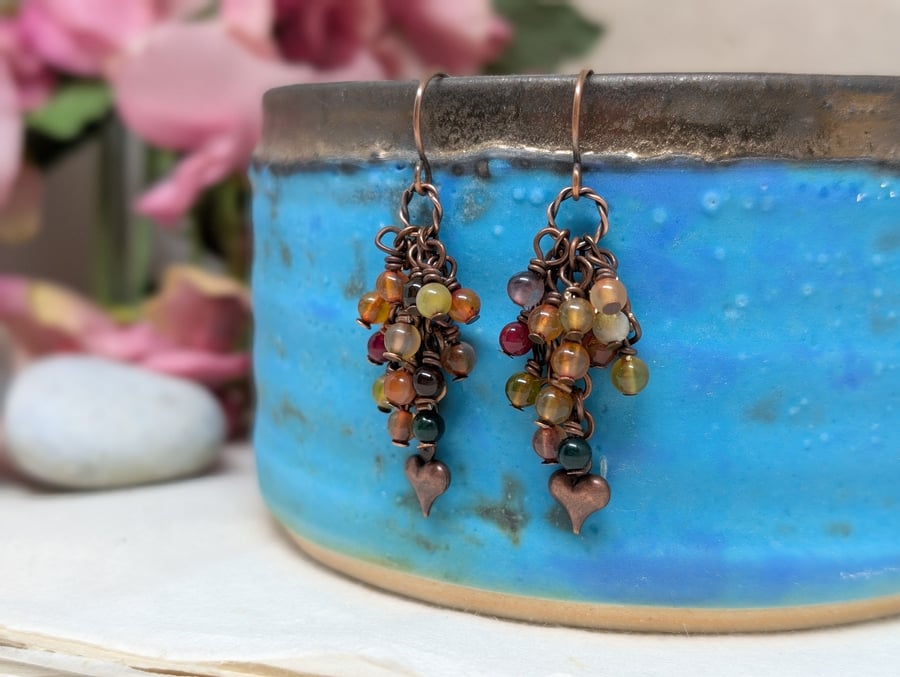 Copper chain and agate dangle earrings with heart charm 
