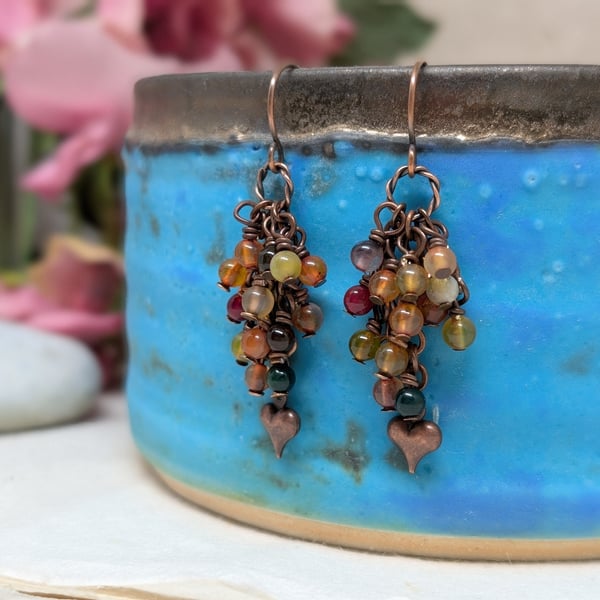 Copper chain and agate dangle earrings with heart charm 