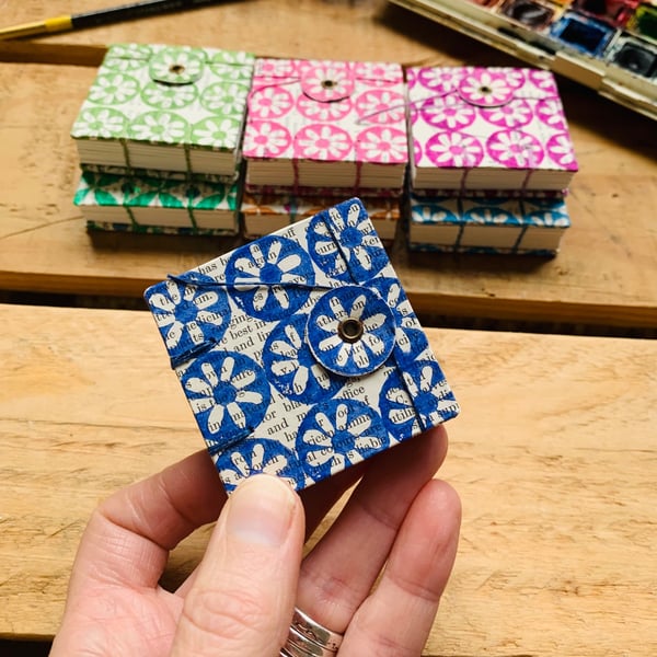 Tiny Watercolour Sketchbook with Hand-printed Floral cover. Ultramarine.