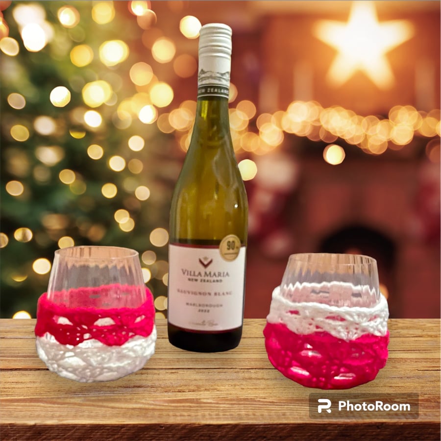 Set of 2 Stemless Wine Glass Cosies, Wine Glass Cosy, Christmas Glass