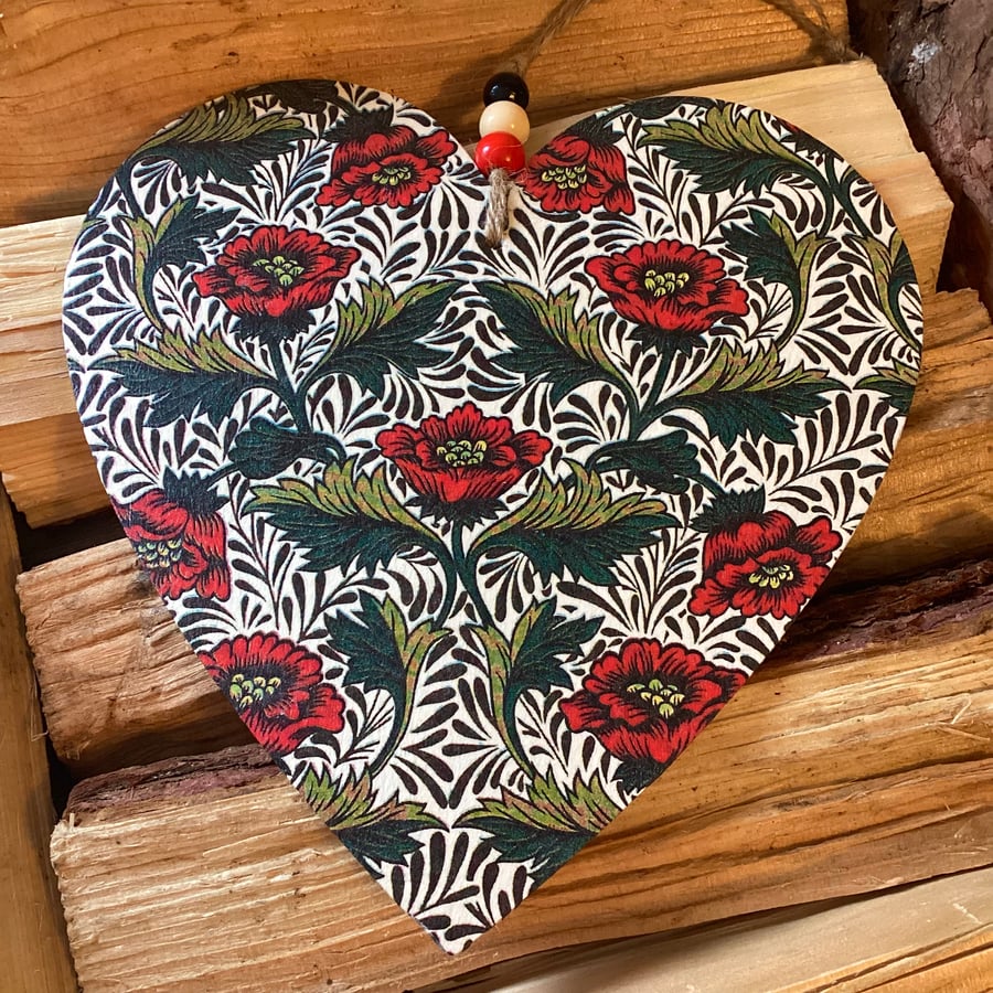 Extra Large Wooden Hanging Heart William Morris Peony
