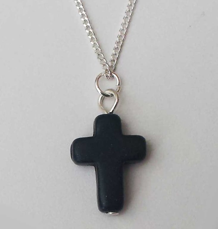 Black Agate Cross Gothic Necklace Silver Plate 