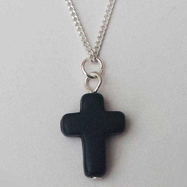 Black Agate Cross Gothic Necklace Silver Plate 