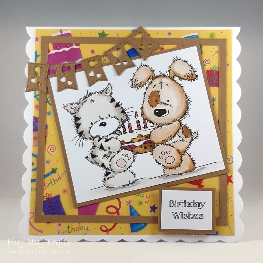 Handmade birthday card - cat and dog with birthday cake