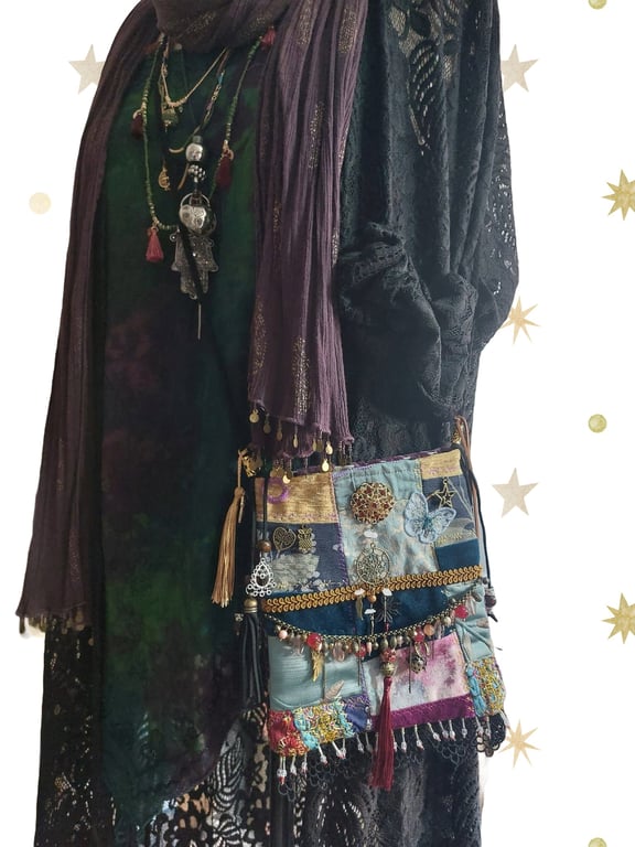 Handcrafted embellished purple  teal velvet Bohemian Gypsy Hippie Festival Bag