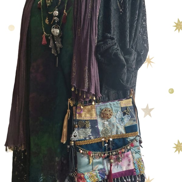 Handcrafted embellished purple  teal velvet Bohemian Gypsy Hippie Festival Bag