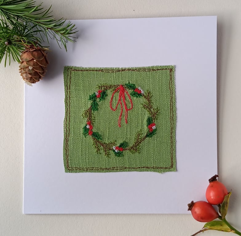 Textile Christmas Card with Embroidered Wreath