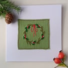 Textile Christmas Card with Embroidered Wreath