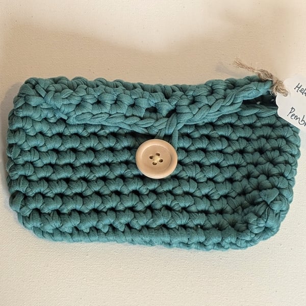 Handmade crochet purse made with green t-shirt yarn 