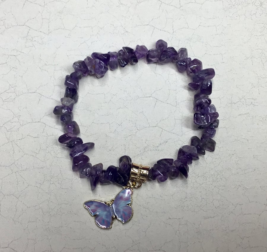Amethyst Elasticated Bracelet with Enameled Butterfly Charm