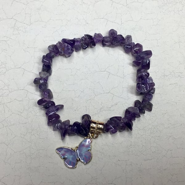 Amethyst Elasticated Bracelet with Enameled Butterfly Charm