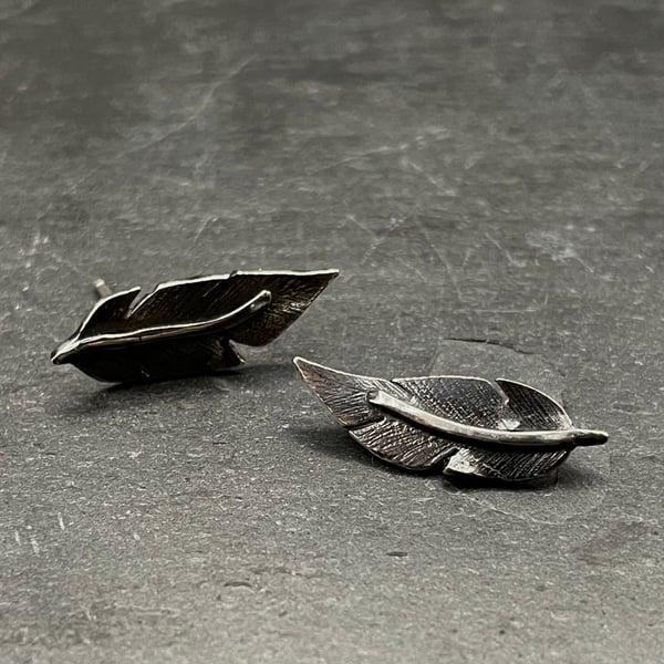 Tiny Handmade, Recycled Sterling Silver Oxidised Earrings -Hanging Feather Stud