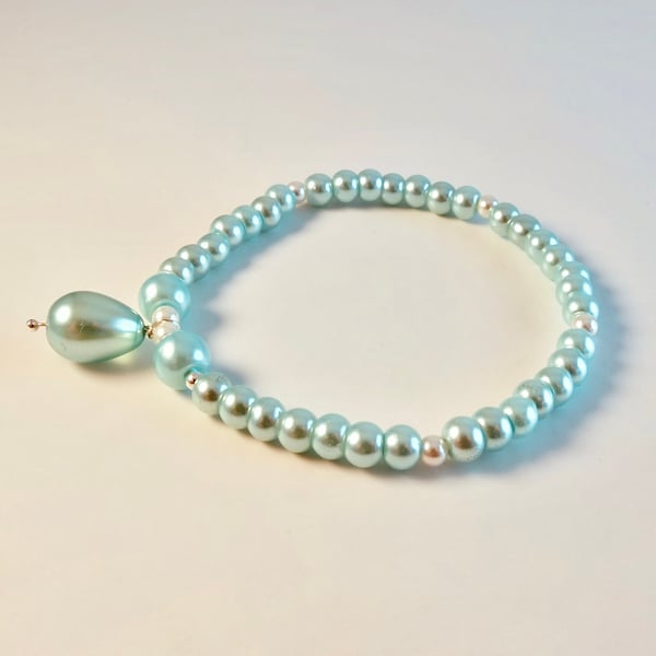 Pale Aqua Glass Pearl Bracelet - Handmade In Devon