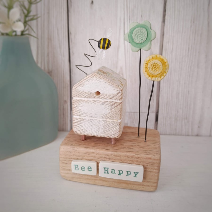 Wooden Beehive With Clay Flower Garden and Bee 'Bee Happy'
