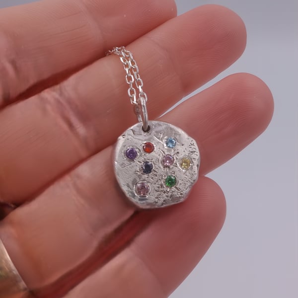 Molten Silver Pendant with Multi-Coloured CZ Gems