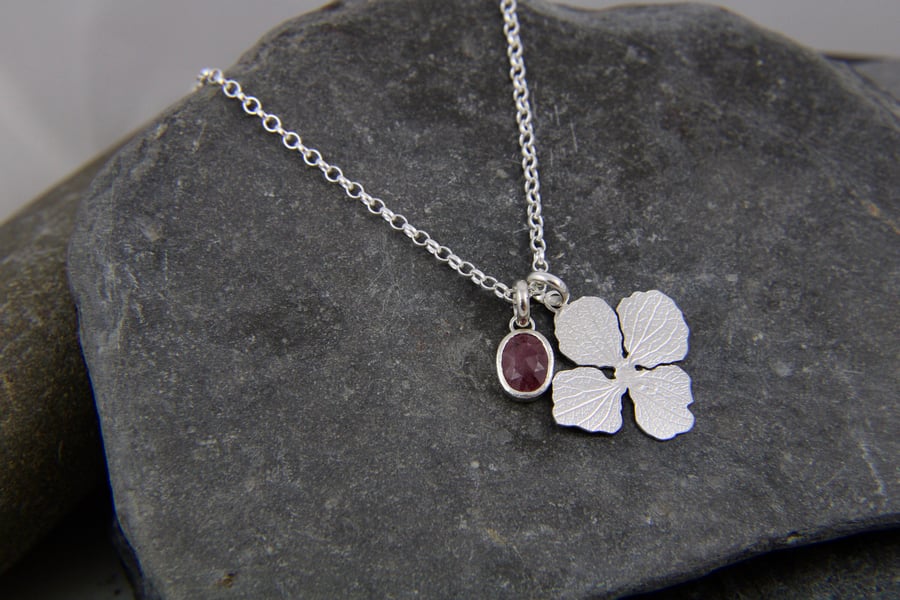 Hydrangea Petal Sterling Silver and Ruby Necklace Pendant 