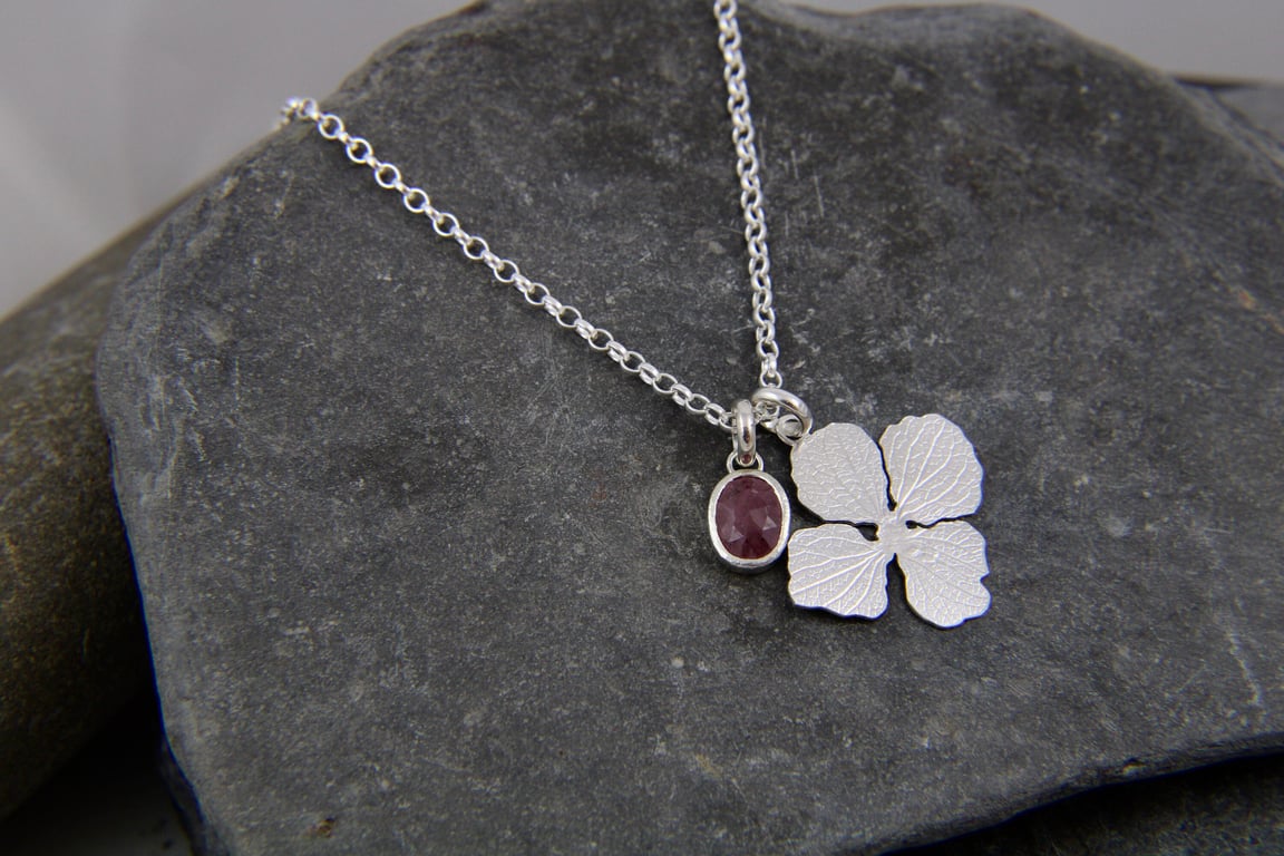 Hydrangea Petal Sterling Silver and Ruby Necklace Pendant 