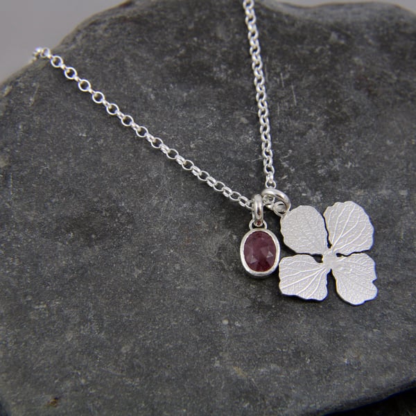 Hydrangea Petal Sterling Silver and Ruby Necklace Pendant 
