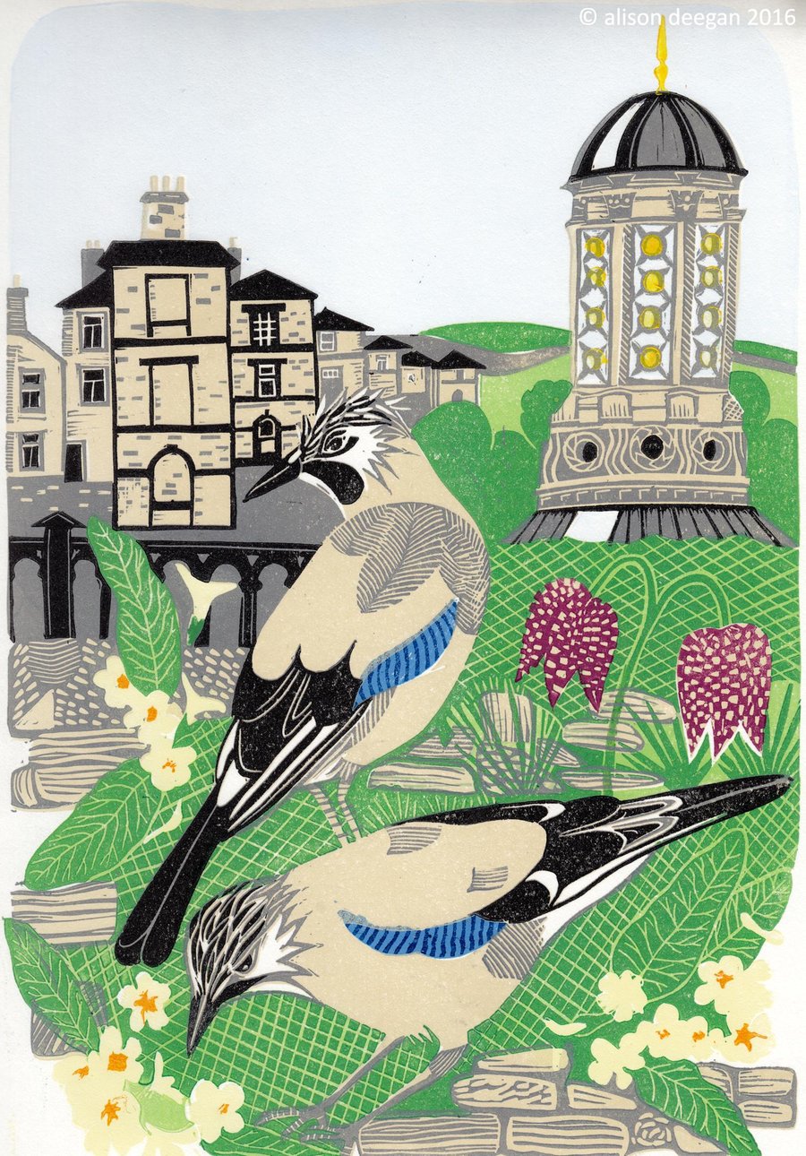 Original lino cut print TWO JAYS birds saltaire fritillary 
