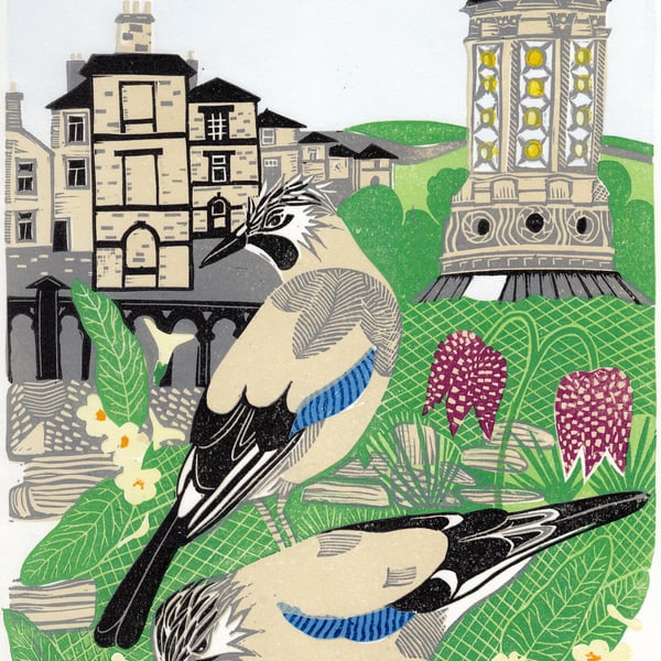 Original lino cut print TWO JAYS birds saltaire fritillary 