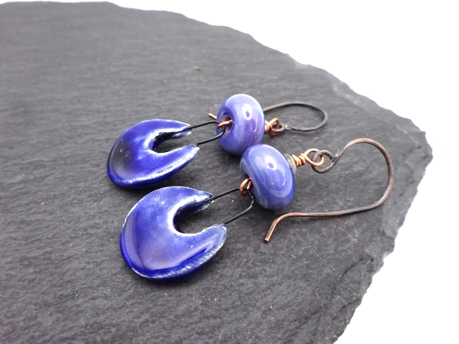 copper earrings, purple lampwork glass and ceramic jewellery