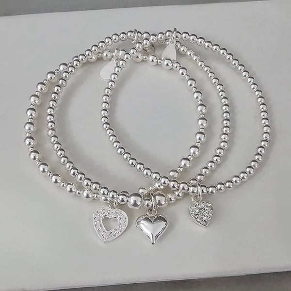 Sterling Silver Heart Charm Stretch Bracelet Set 925