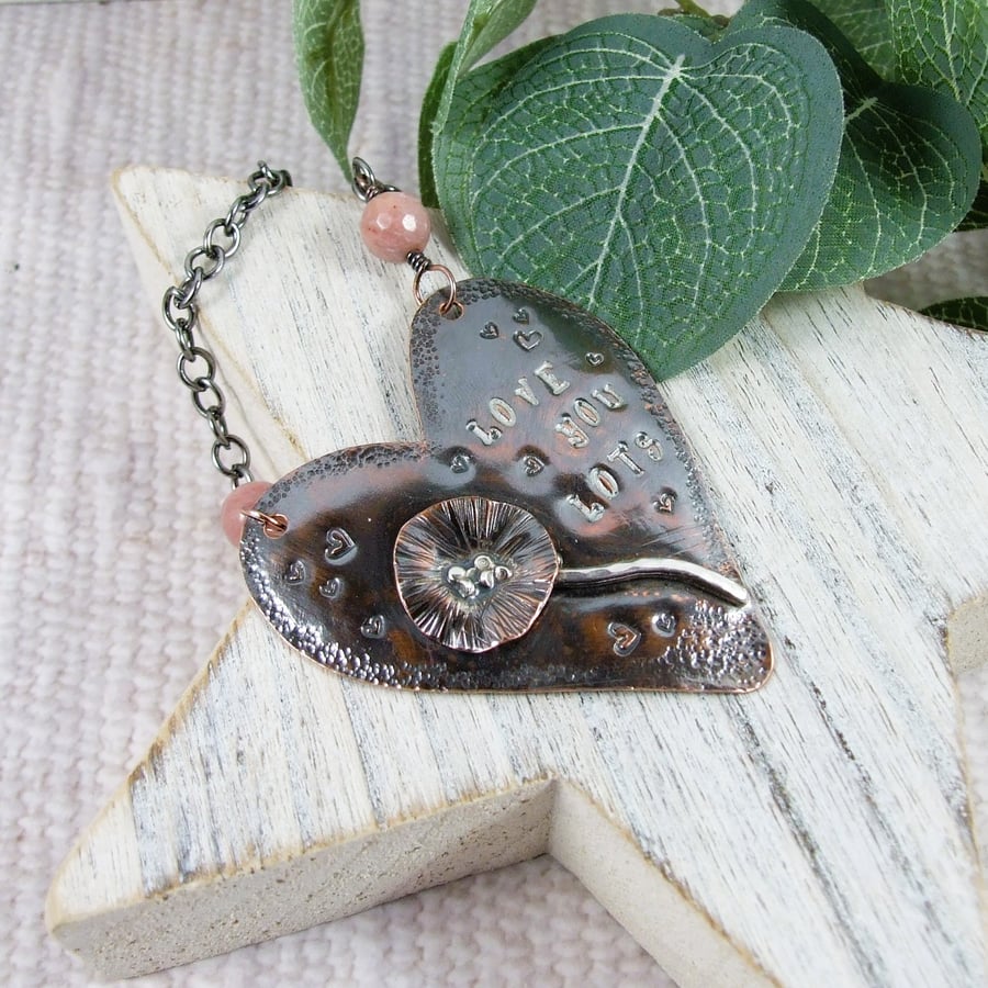 Heart Hanging Decoration. Copper with Poppy Flower and Rhodonite Gemstone