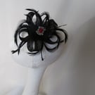 Black Feather & Blood Red Crystal Small Sinamay Loop Clip In Fascinator