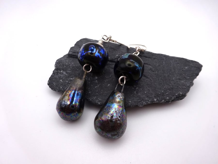 lampwork glass black and silver earrings