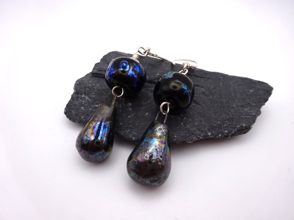 lampwork glass black and silver earrings