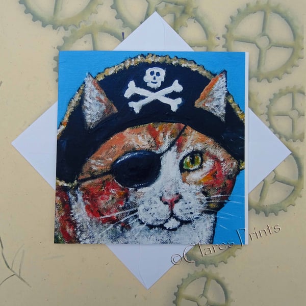 Pirate Ginger Cat Art Steampunk Greeting Card From my Original Painting