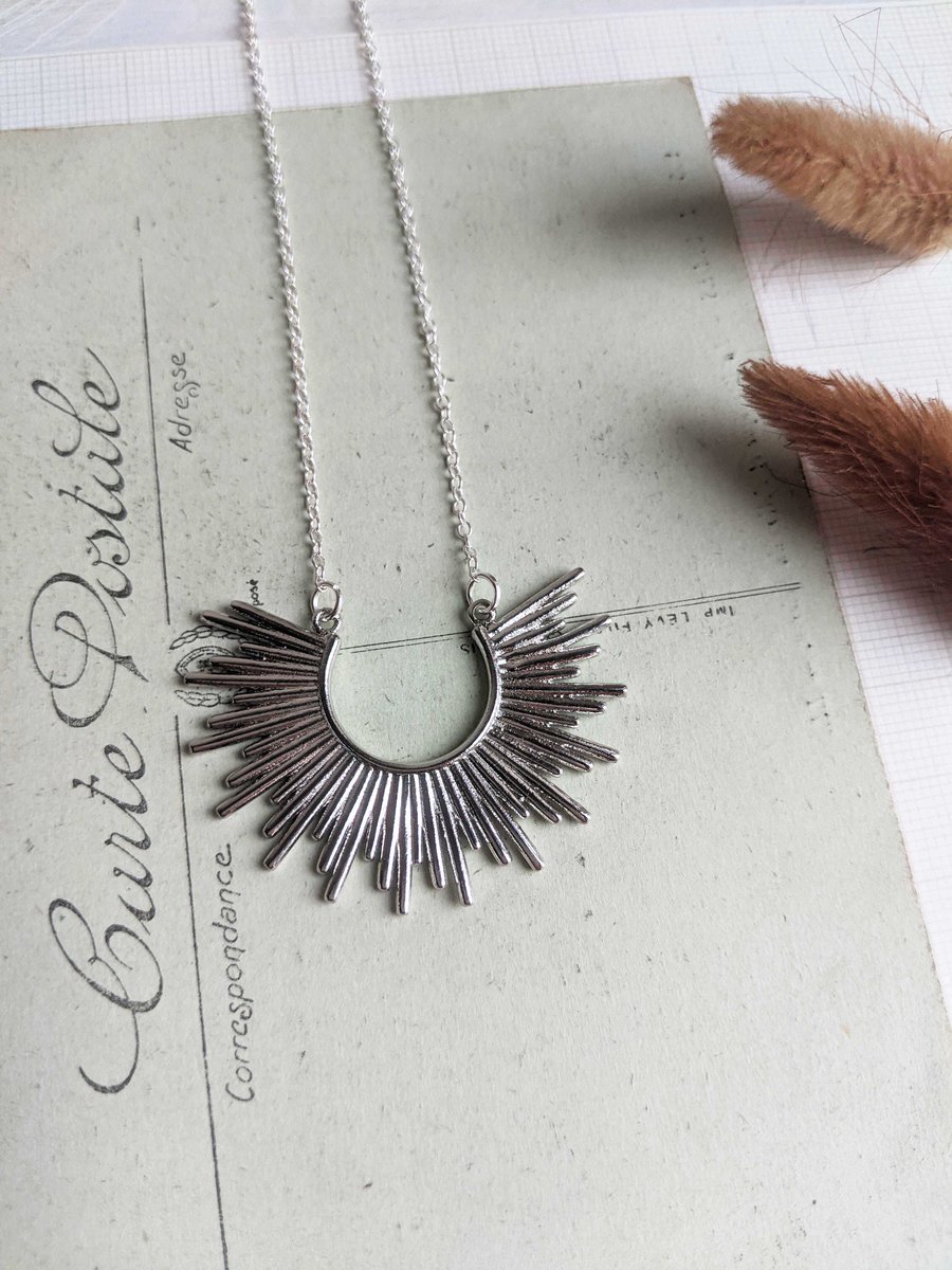 Silver Sunburst necklace - textured brass horseshoe on fine chain - silver plate