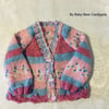 Hand Knitted Baby girls cardigan in a pink and blue yarn 3-6 Months 20” Chest 