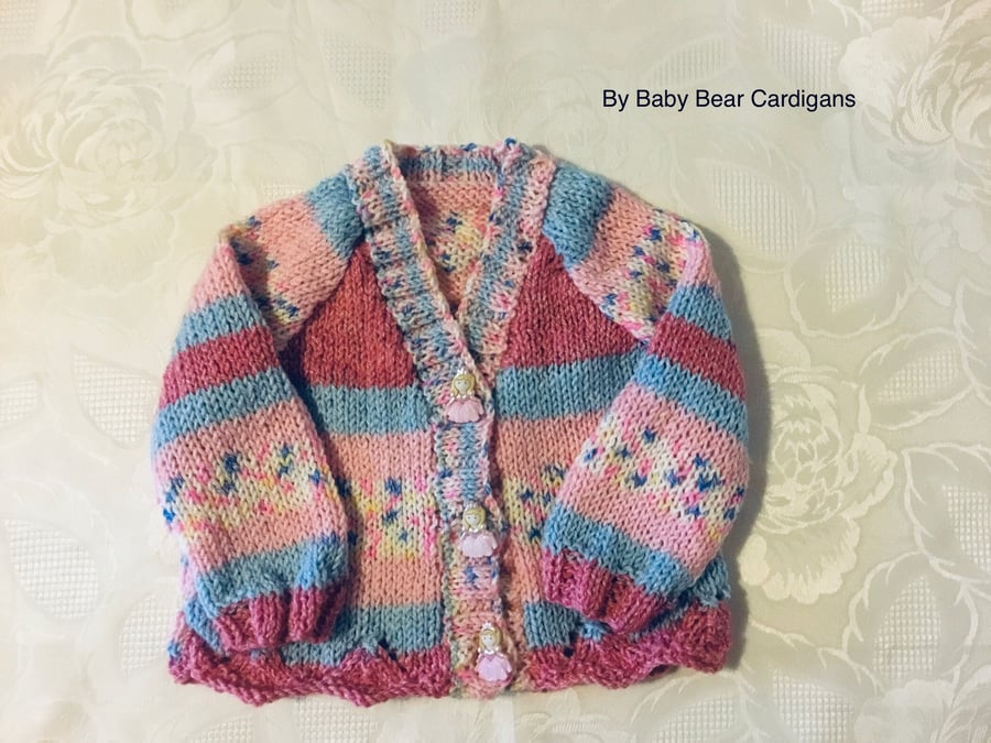 Hand Knitted Baby girls cardigan in a pink and blue yarn 3-6 Months 20” Chest 