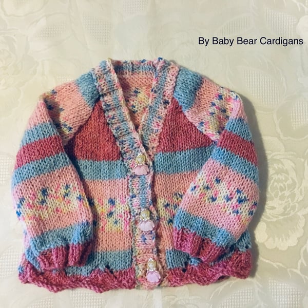 Hand Knitted Baby girls cardigan in a pink and blue yarn 3-6 Months 20” Chest 